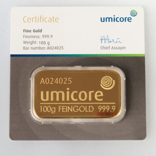 100g Umicore Goldbarren Blister/ m. Zertifikat