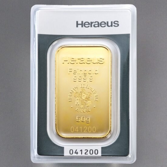 Goldbarren 50g HERAEUS, geprägt